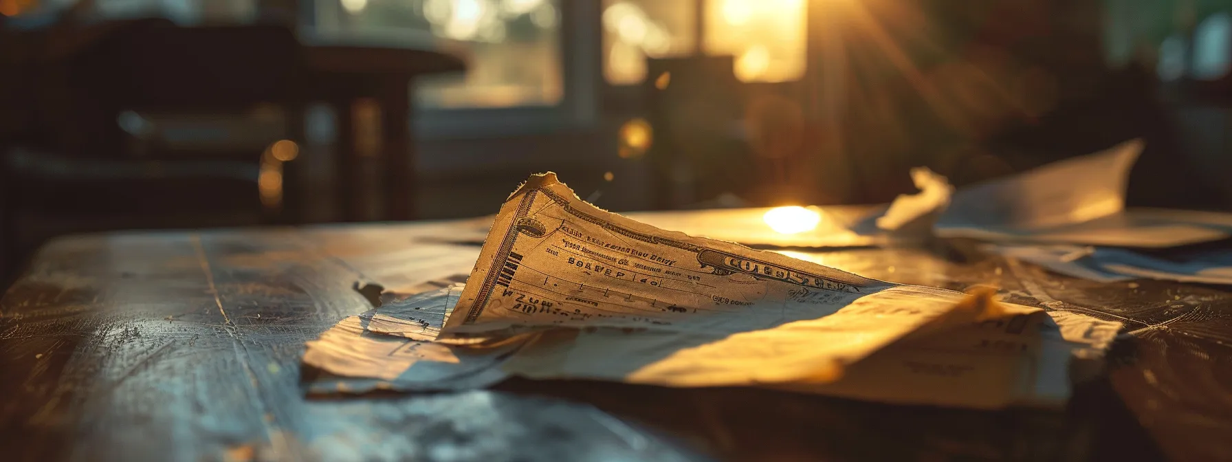 a close-up of a torn and crumpled cheque resting on a polished desk, illuminated by soft, diffused light, highlighting the looming risks and consequences of cashing damaged payment instruments.