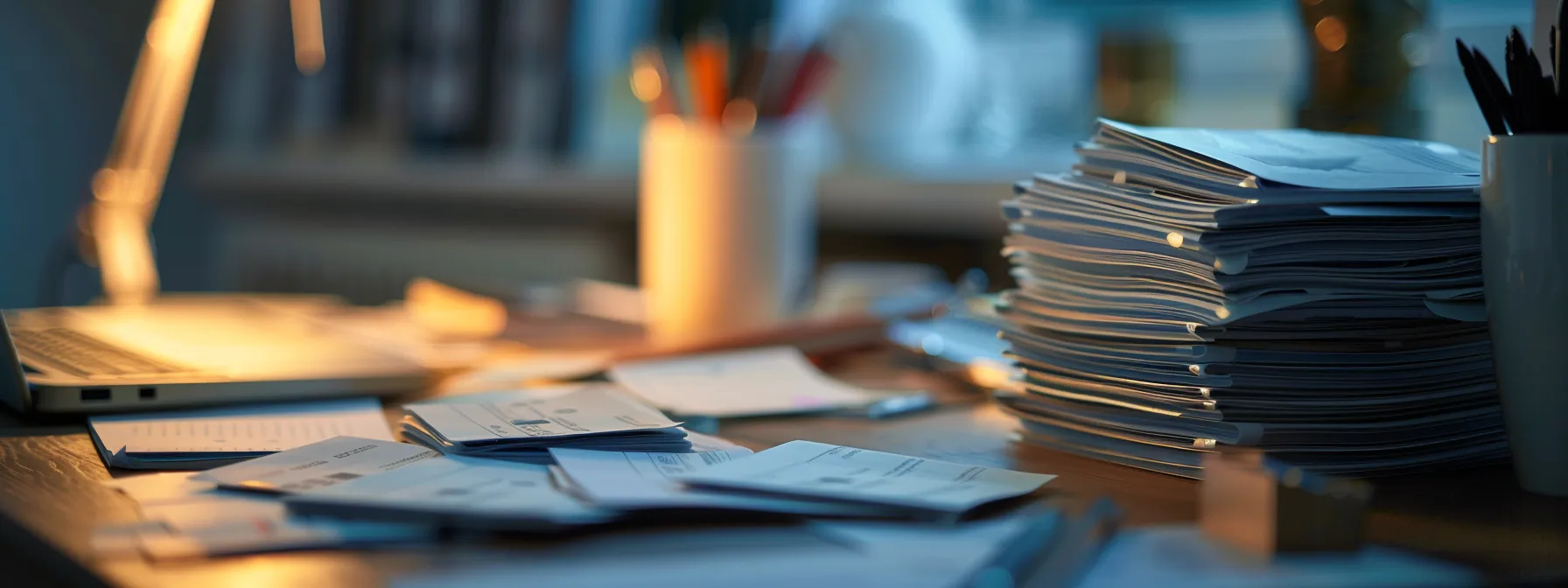 a close-up of a streamlined workspace featuring neatly stacked business and personal cheques, accented by a softly glowing desk lamp, capturing the essence of efficient financial management against a backdrop of blurred office documents.