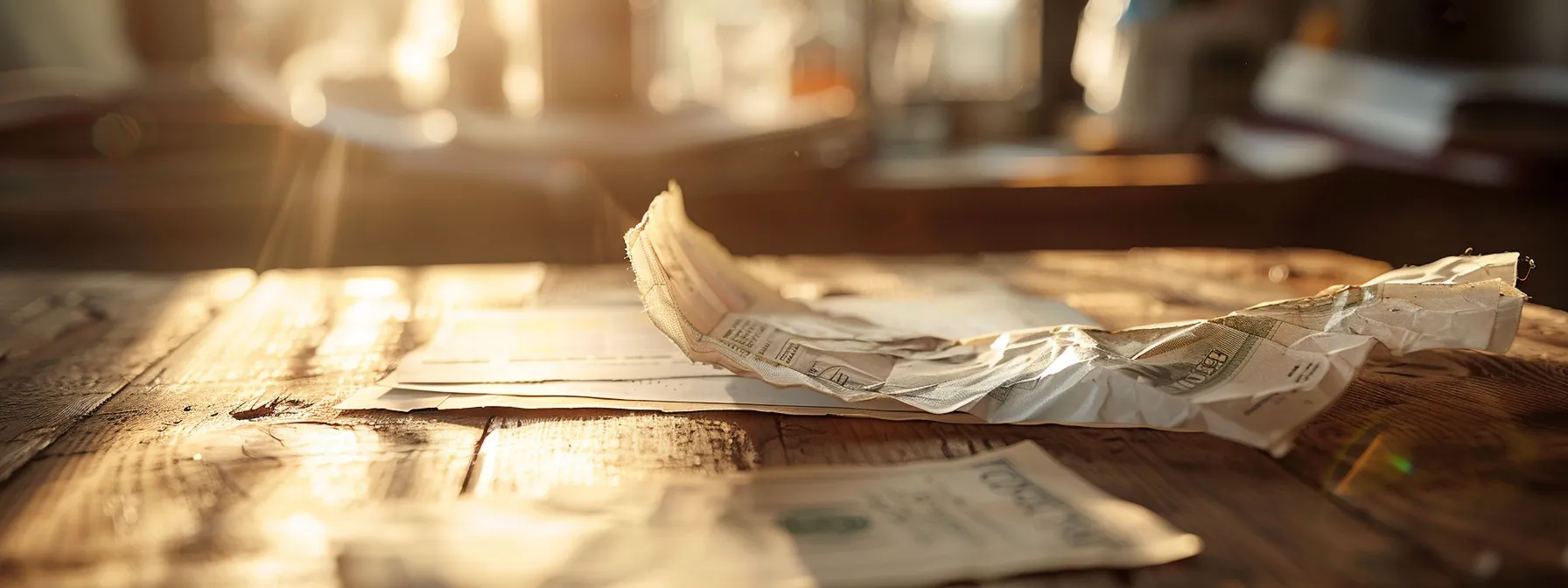 a close-up of a crumpled cheque resting on a polished wooden desk, illuminated by soft, natural light, highlighting the contrast between the cheque's imperfections and the surrounding organized financial paperwork, symbolizing the challenges of navigating damaged cheques in business and personal transactions.