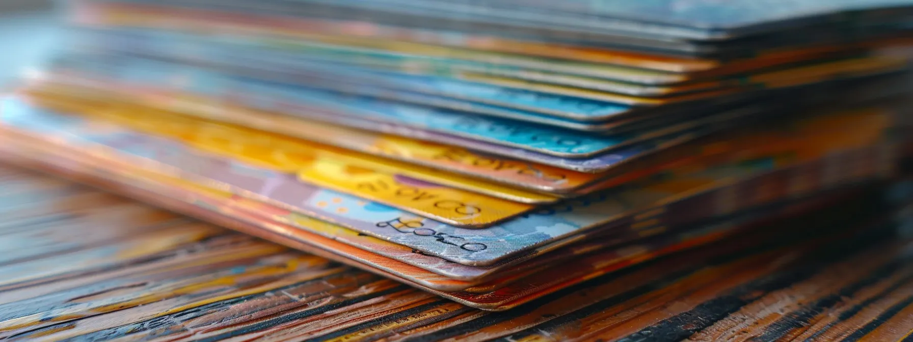 a close-up of a stack of vibrant and intricately designed cheques displayed on a polished wooden desk, showcasing their security features and quality finish under soft, natural light.