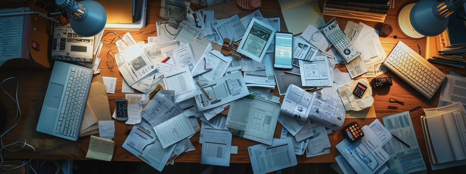 a dramatic overhead shot captures a cluttered desk strewn with lost cheques, surrounded by frustrated business documents and a flickering smartphone, symbolizing the chaos and urgency of delayed payments impacting cash flow.