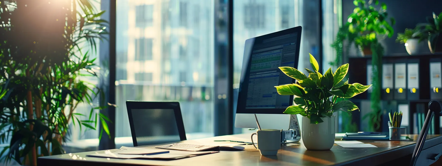 a dynamic office scene captures a sleek computer screen displaying vibrant, customizable quickbooks financial reports amidst a backdrop of organized business cheques, highlighting the efficiency of streamlined bookkeeping and insightful financial management.
