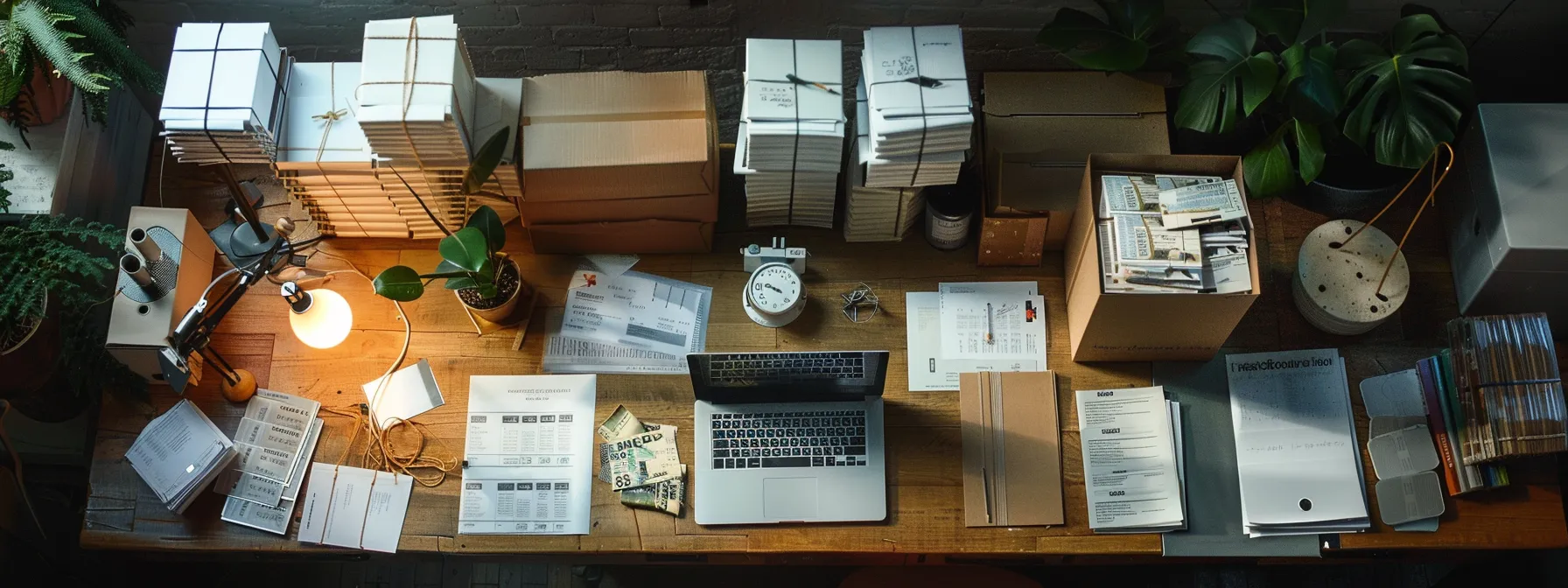 a dynamic overhead shot showcases an organized desk filled with neatly stacked business cheques and various shipping materials, with an open laptop displaying a detailed analysis of expedited shipping costs against a backdrop of soft, natural light highlighting the scene's professional atmosphere.