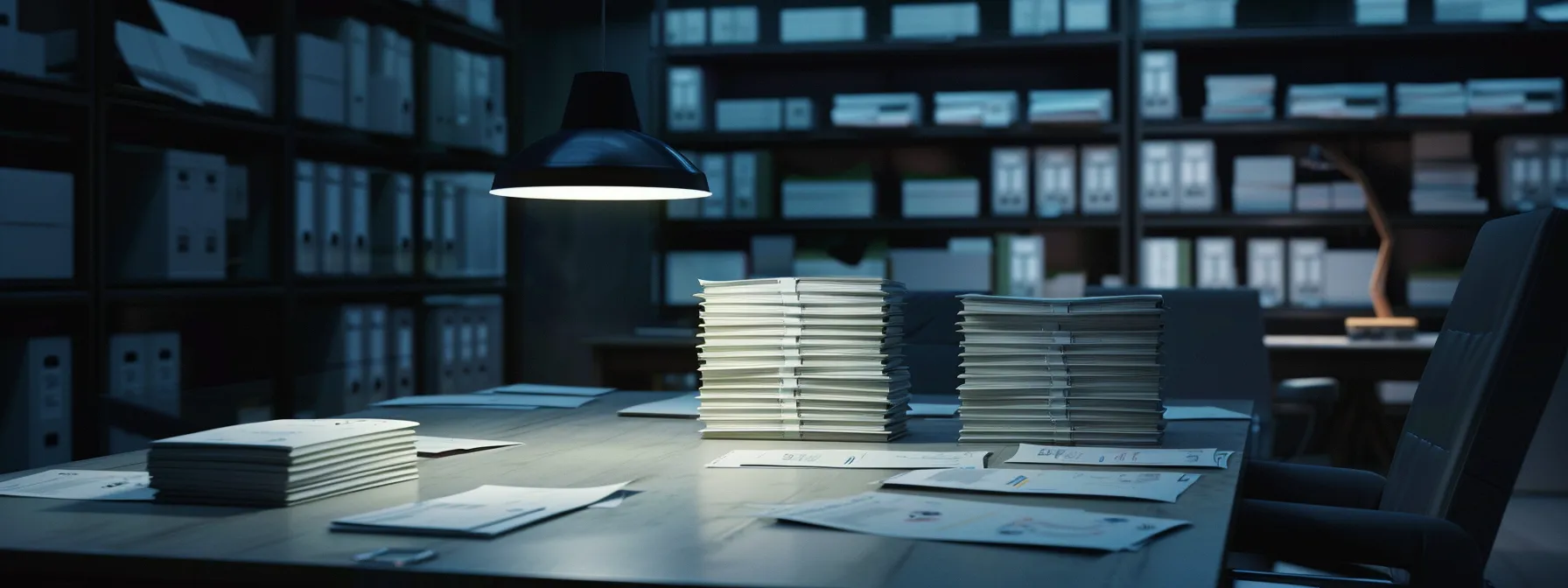 a focused business setting captures a sleek conference table adorned with neatly stacked cheques and shipping labels, illuminated by soft overhead lighting, symbolizing strategic planning for cost-effective shipping solutions.