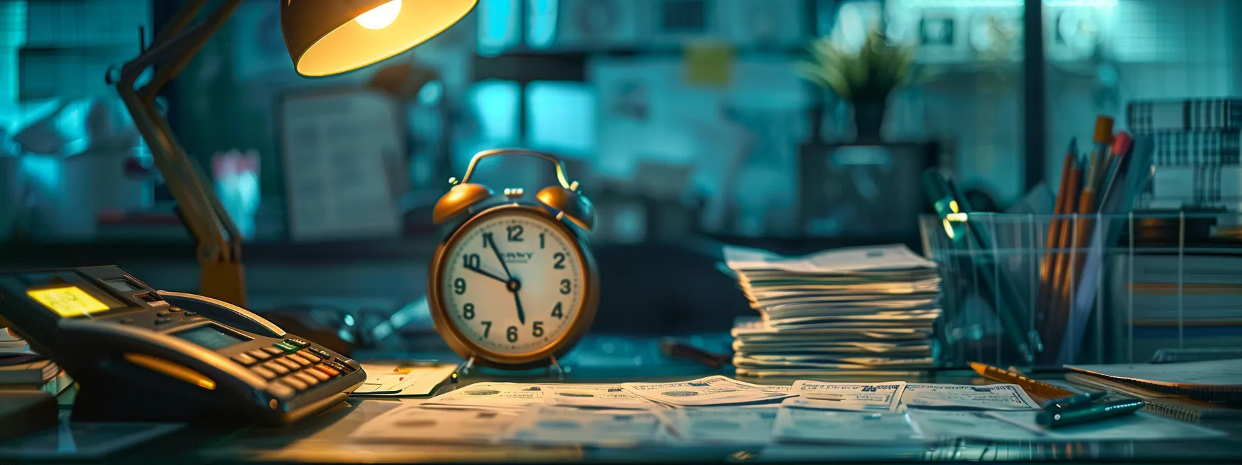 a focused close-up of a business desk with neatly stacked cheques, a calculator, and a digital clock, illuminated by soft, natural light to convey the theme of efficient financial management and the importance of understanding replacement processes.