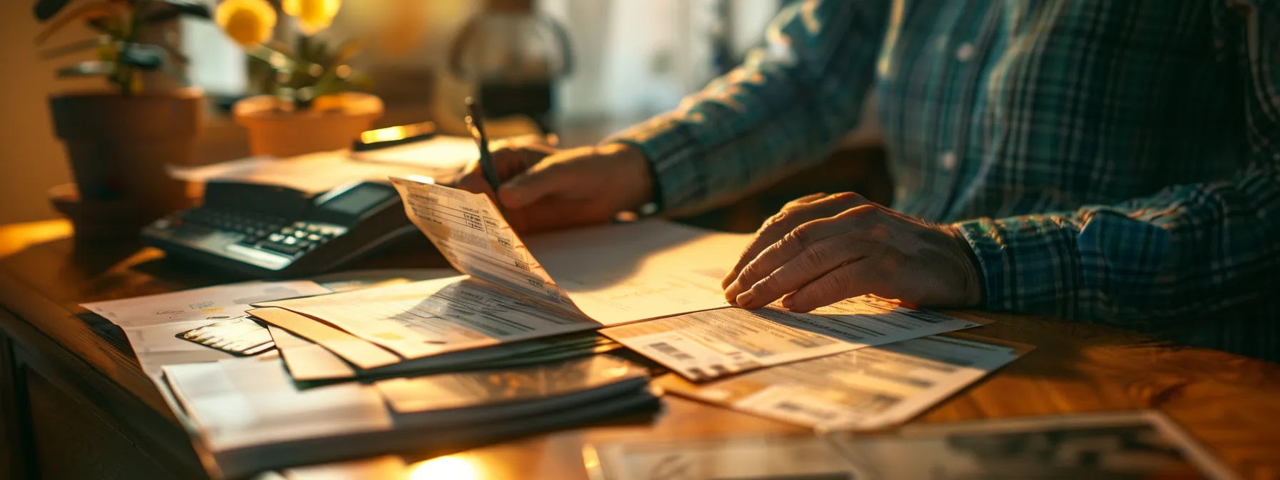 a focused close-up of a person analyzing a stack of various personal and business cheques on a sleek wooden desk, illuminated by warm, natural light to underscore the theme of financial management and cheque clearance.