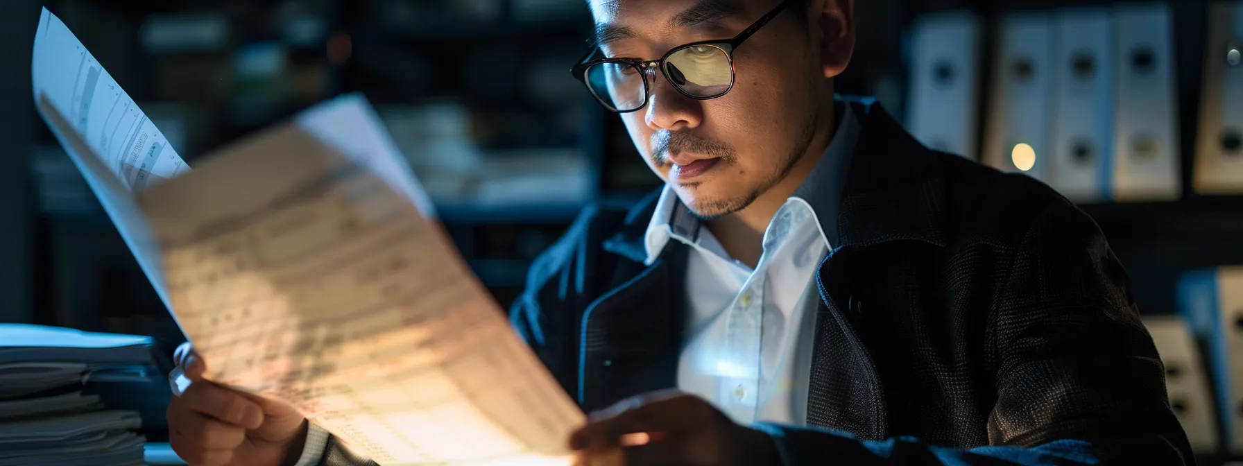 a focused professional examines an open ledger filled with business cheque entries, illuminated by soft overhead lighting that casts gentle shadows, symbolizing the urgency of addressing a lost cheque.
