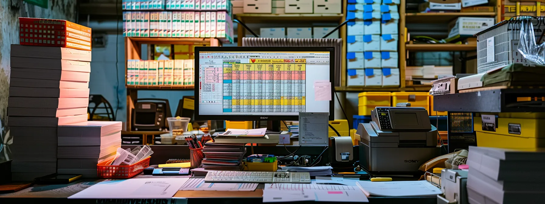 a meticulously organized workspace features a high-resolution monitor displaying cheque printing software, surrounded by stacks of vibrant business and personal cheques, illuminated by soft, focused lighting to emphasize the professionalism of the setup.