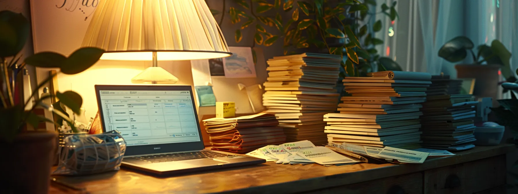 a professional-looking office desk is prominently featured, showcasing neatly stacked personal and business cheques alongside an open laptop displaying a customer service chat, all illuminated by soft, natural light that conveys a sense of reliability and support.