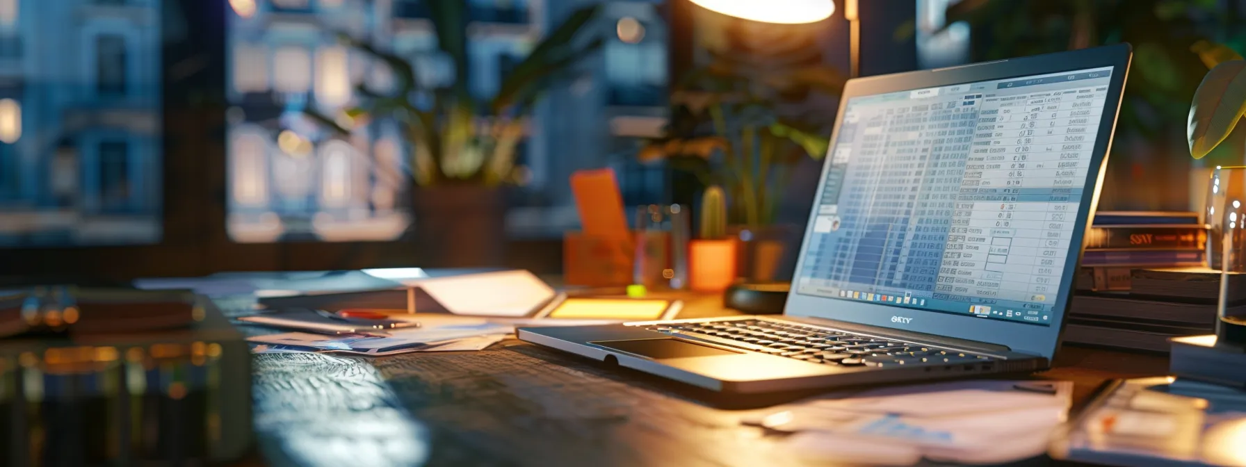 a professional office setting showcases a stack of secure, neatly organized business cheques alongside a laptop displaying a tracking interface, illuminated by soft, focused lighting that emphasizes the importance of secure financial transactions.