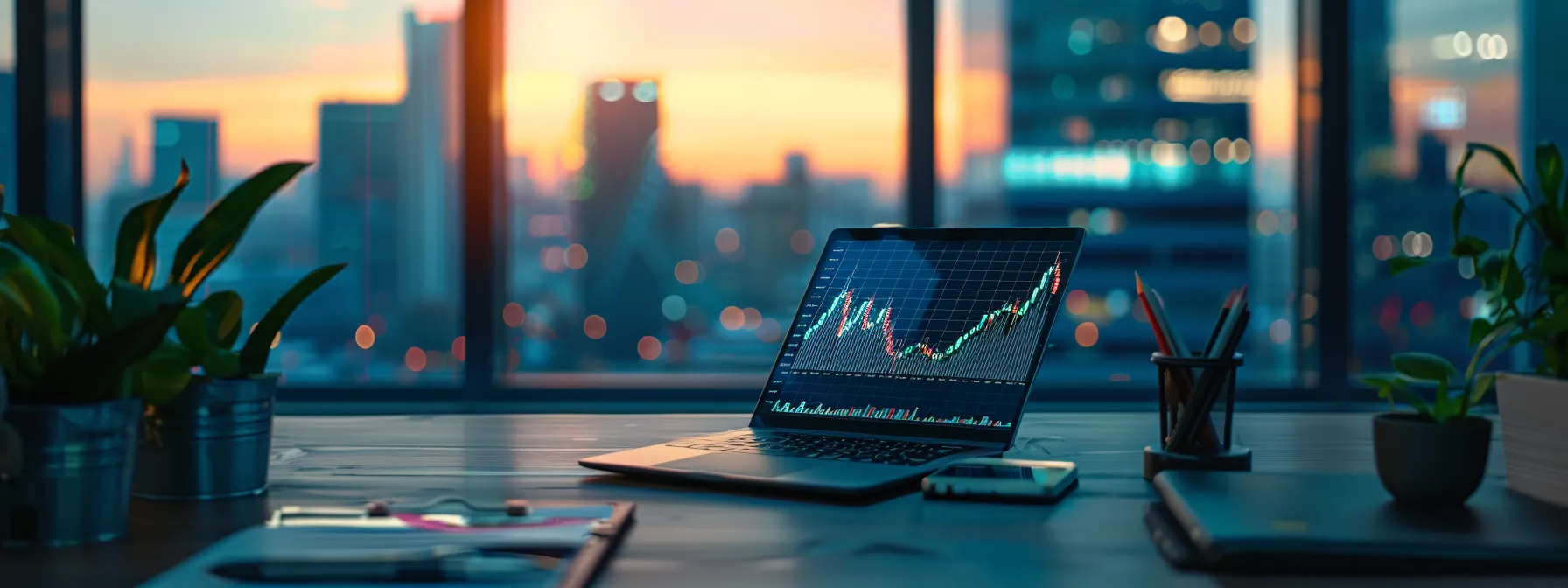 a serene office setting features a sleek mobile device displaying a vibrant graph of same-day fund availability, illuminated by soft, natural light filtering through a large window, symbolizing the seamless flow of personal and corporate finance management.