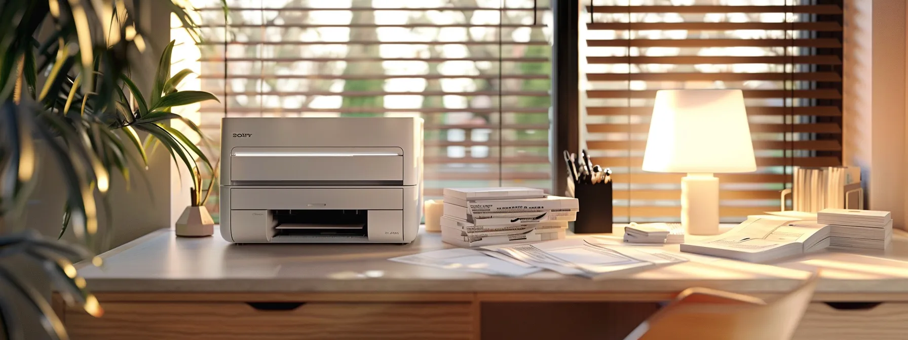 a sleek home office setup showcases a pristine laser printer alongside neatly stacked business and personal cheques, illuminated by soft, warm lighting that highlights the organized workspace, symbolizing efficiency in cheque printing.
