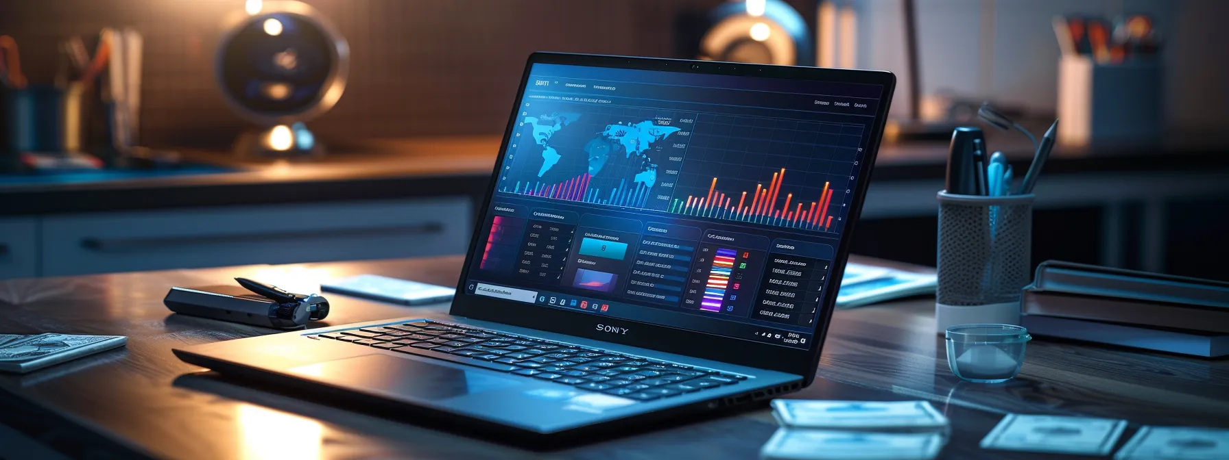 a sleek laptop displaying a vibrant, interactive order tracking dashboard, surrounded by scattered business and personal cheques, illuminated by soft, focused lighting to emphasize the importance of efficient financial management.