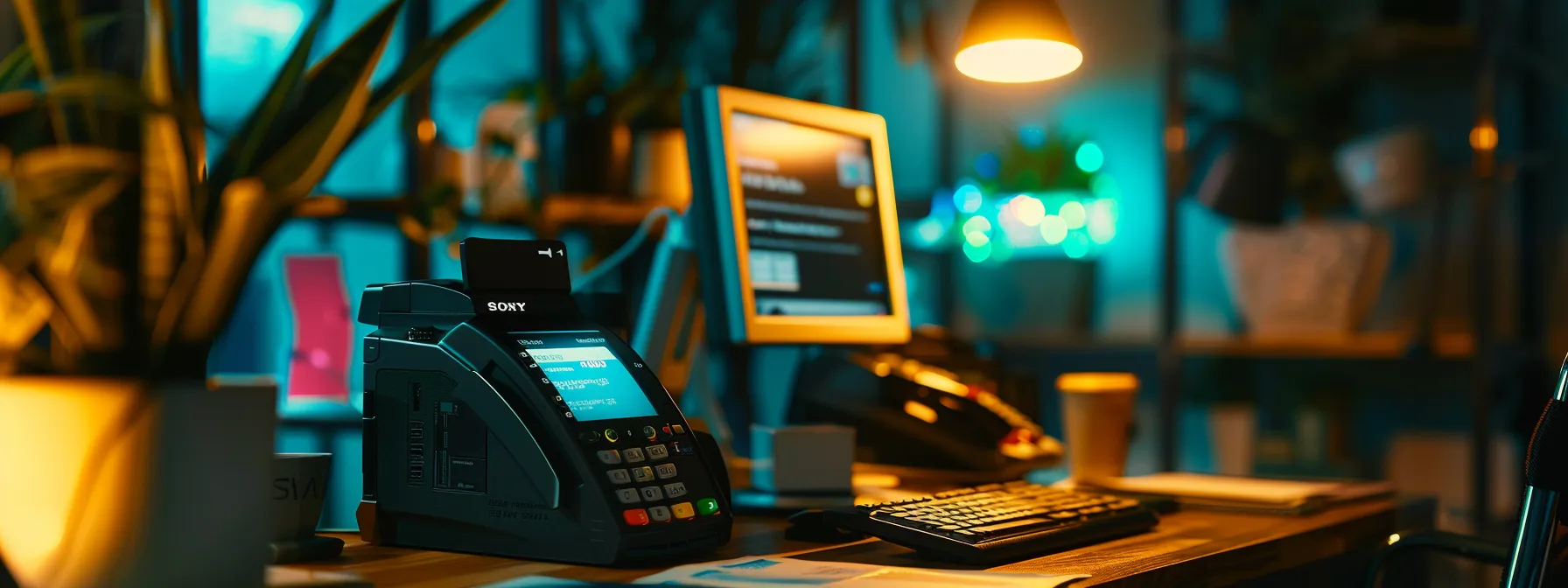 a sleek, modern digital banking interface glows vibrantly on a desk, showcasing secure online cheque ordering options alongside an ominous shadow of traditional in-branch risks, illustrating the contrast between cutting-edge security and potential vulnerabilities.
