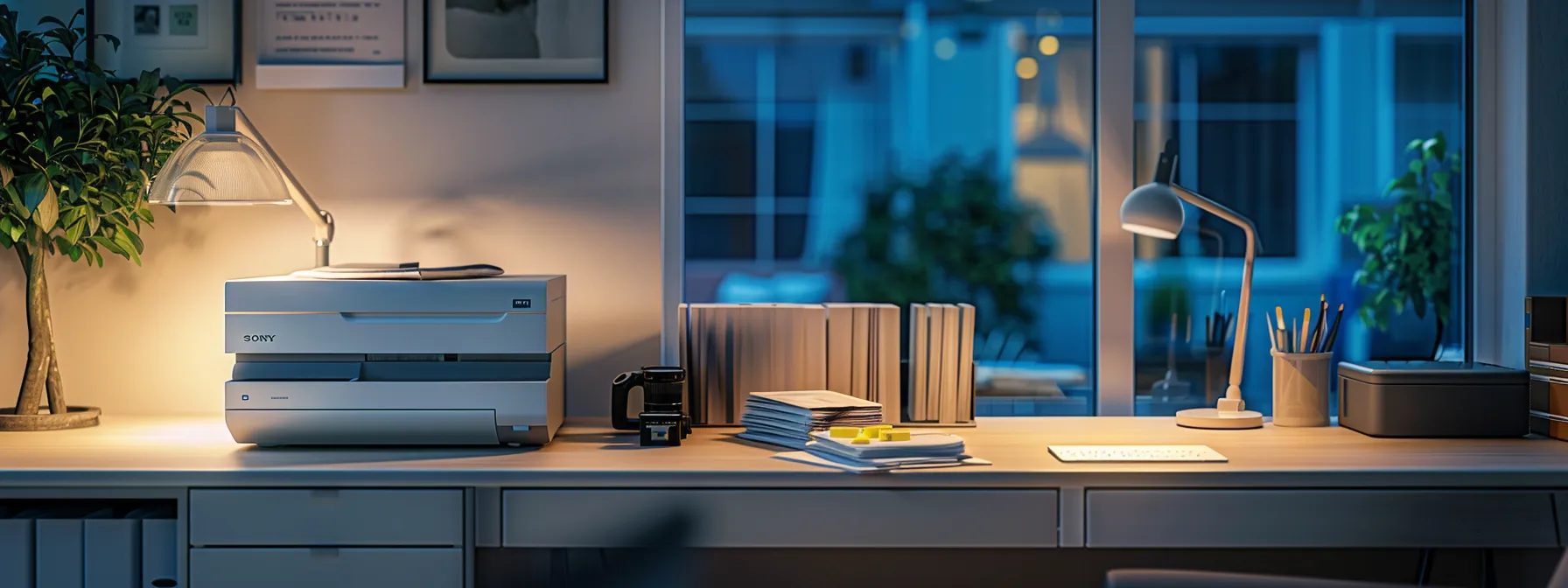 a sleek, modern home office is illuminated by natural light, showcasing a high-quality printer effortlessly producing crisp, vibrant business cheques on neatly stacked paper, with a backdrop of organized office tools, symbolizing efficiency and professionalism in cheque printing.