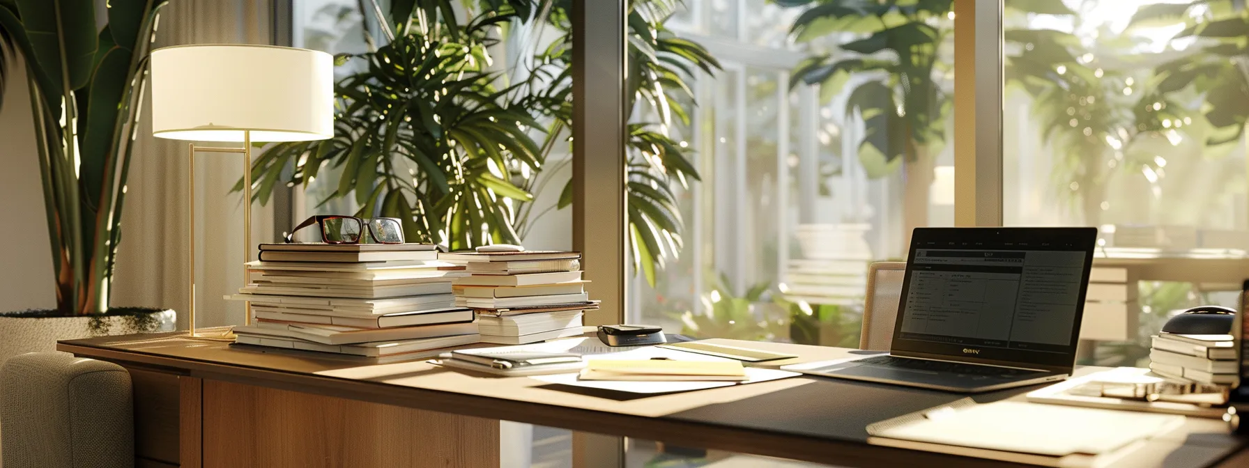 a sleek, modern office desk is organized with neat stacks of categorized tax documents and a laptop displaying quickbooks, bathed in soft natural light streaming through a nearby window, conveying a sense of streamlined efficiency in tax preparation for small business owners.