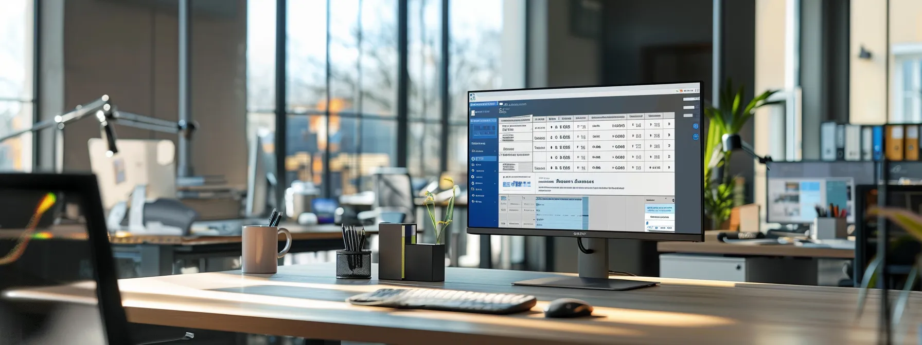 a sleek, modern office environment showcases a computer screen displaying a user-friendly online banking interface for ordering business cheques, illuminated by soft, natural light filtering through large windows.
