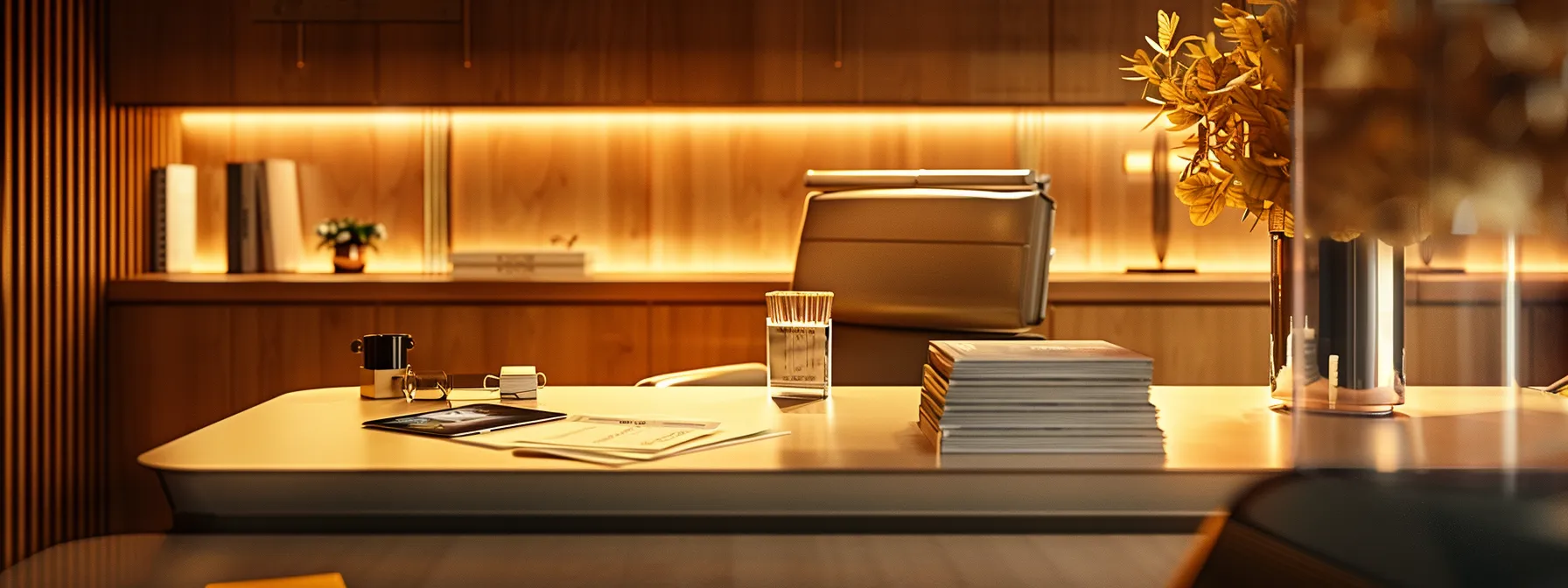 a sleek, modern office space showcases a prominent, neatly arranged desk with a stack of business cheques and a digital tablet, highlighting the theme of informed decision-making in shipping logistics under warm, inviting lighting that enhances the atmosphere of professionalism and clarity.