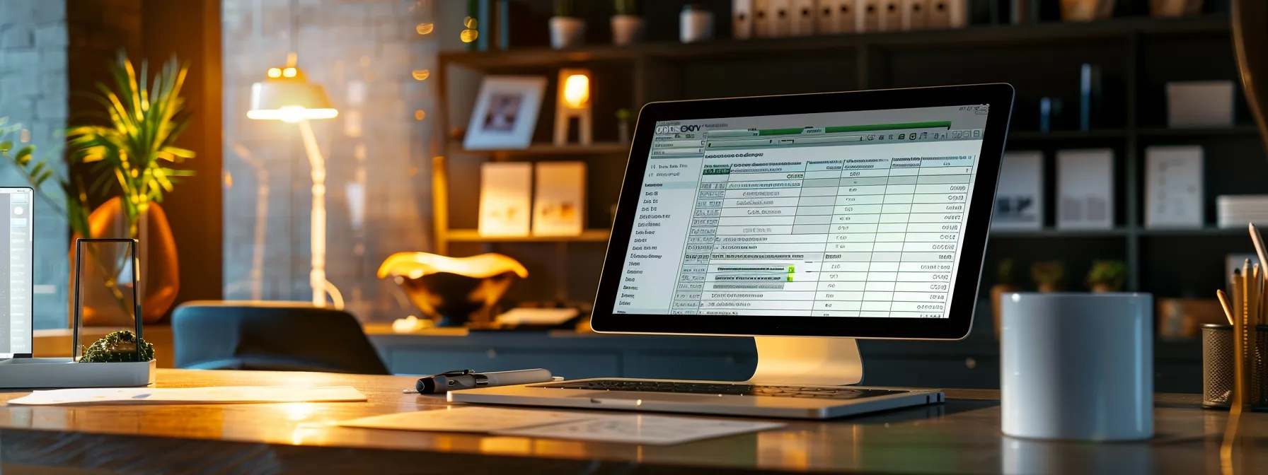 a sleek, modern workspace featuring a glowing laptop screen displaying quickbooks online, surrounded by neatly organized business and personal cheques, symbolizing efficient income and expense management.