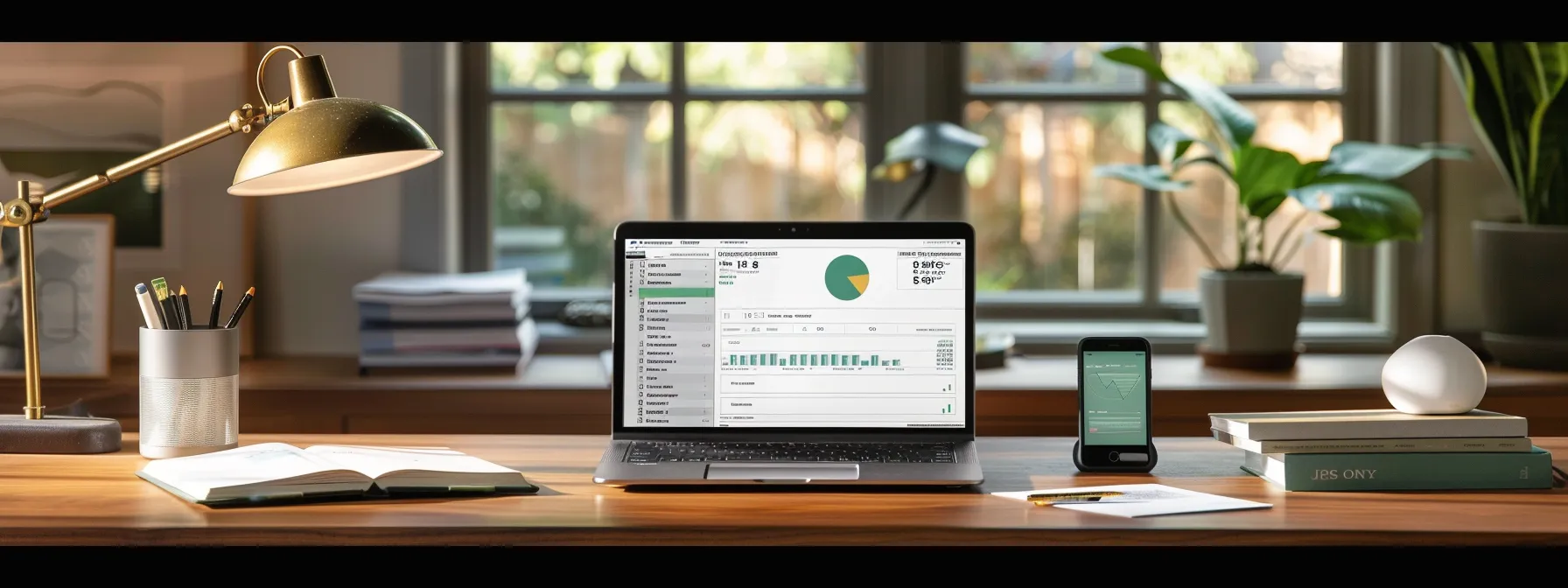 a sleek, modern workspace features an open laptop displaying quickbooks software, with a stylish notepad and a stack of neatly arranged business and personal cheques, all bathed in warm, natural light highlighting the effortless organization and efficiency of automated invoicing and payment tracking.