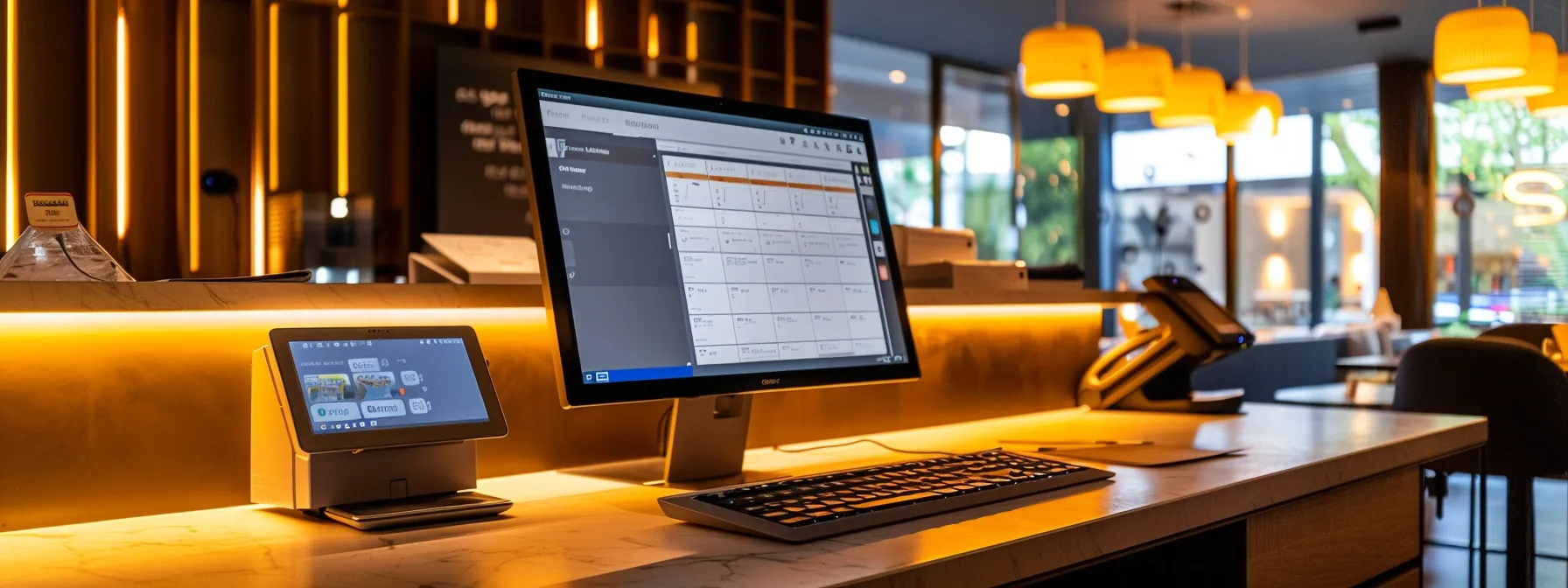 a sleek, modern workspace featuring a computer screen displaying an intuitive online cheque ordering interface, illuminated by soft natural light, symbolizing the convenience and efficiency of digital banking for businesses.