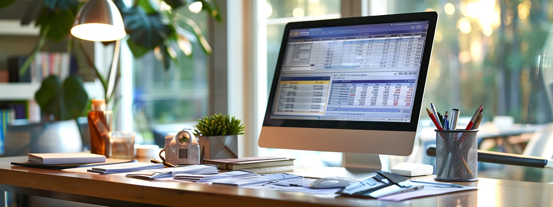 a sleek, organized workspace featuring a computer displaying a vibrant order management interface, surrounded by neatly stacked personal and business cheques, illuminated by soft, natural light to evoke a sense of efficiency and professionalism.