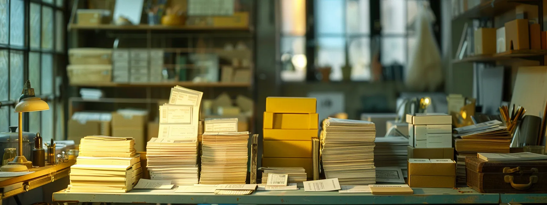 a visually captivating scene of an organized workspace featuring a diverse array of business and personal cheques stacked neatly by varying customization options, illuminated by soft, natural light to emphasize the importance of turnaround time in cheque orders.