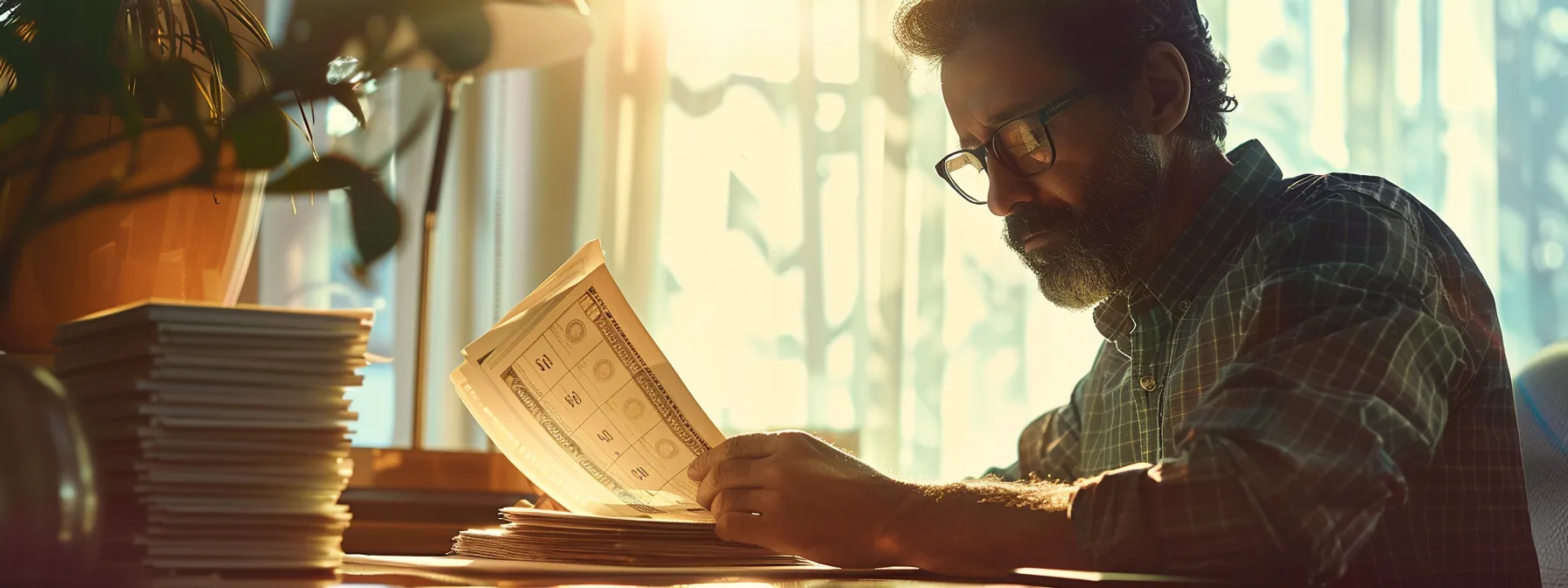 a visually striking close-up of a business professional thoughtfully examining a stack of checks on a sleek desk, illuminated by soft, natural light filtering through a nearby window, emphasizing the clarity and urgency of efficient cheque processing.