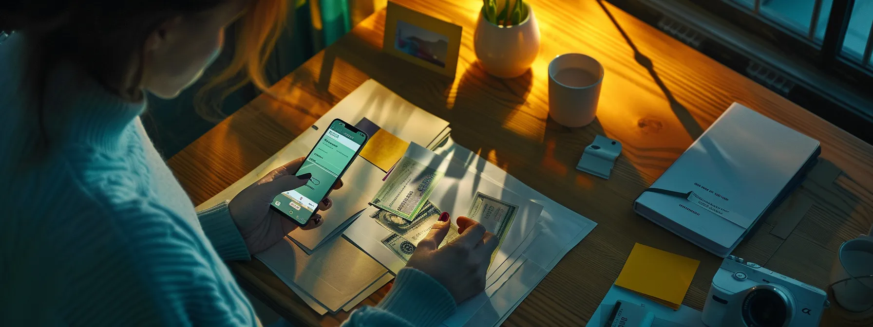 a visually striking image of a pristine workplace setup featuring a person thoughtfully examining a damaged cheque next to a sleek smartphone displaying a mobile banking app, illuminated by soft, natural light filtering through a nearby window.