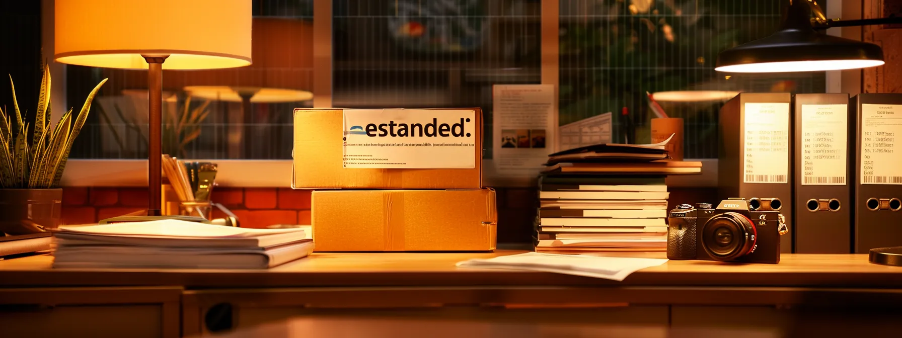a visually striking scene of a business office with two contrasting shipping boxes labeled