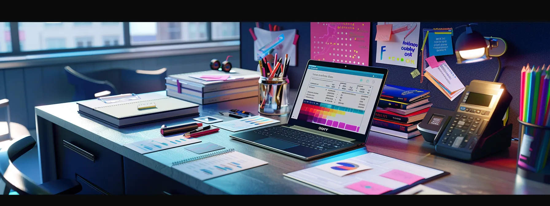 a visually striking workspace featuring an organized desk with a sleek laptop displaying an online cheque printing service, surrounded by vibrant business cheques and an open notebook for budgeting, illuminated by soft, natural light filtering through a nearby window.