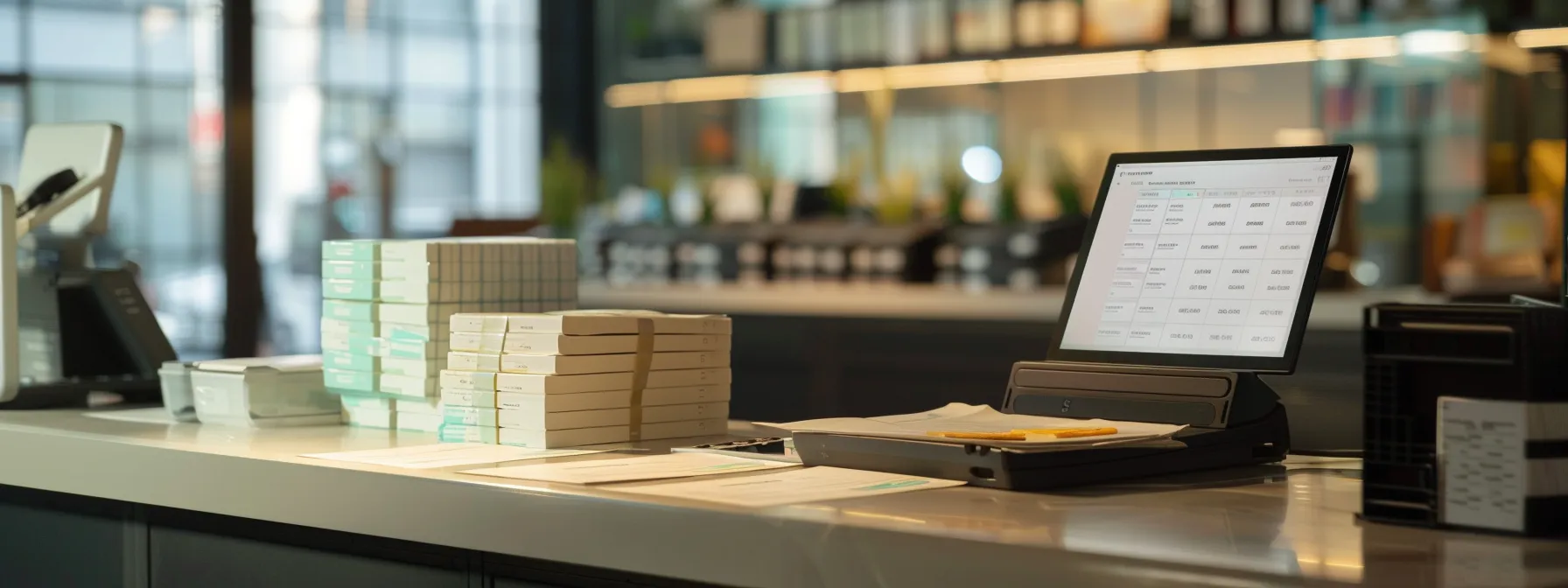 an organized, modern office desk displays a neatly arranged stack of business and personal cheques alongside a sleek laptop, with the bright glow of a digital screen highlighting the urgent shipping fees for expedited deliveries.