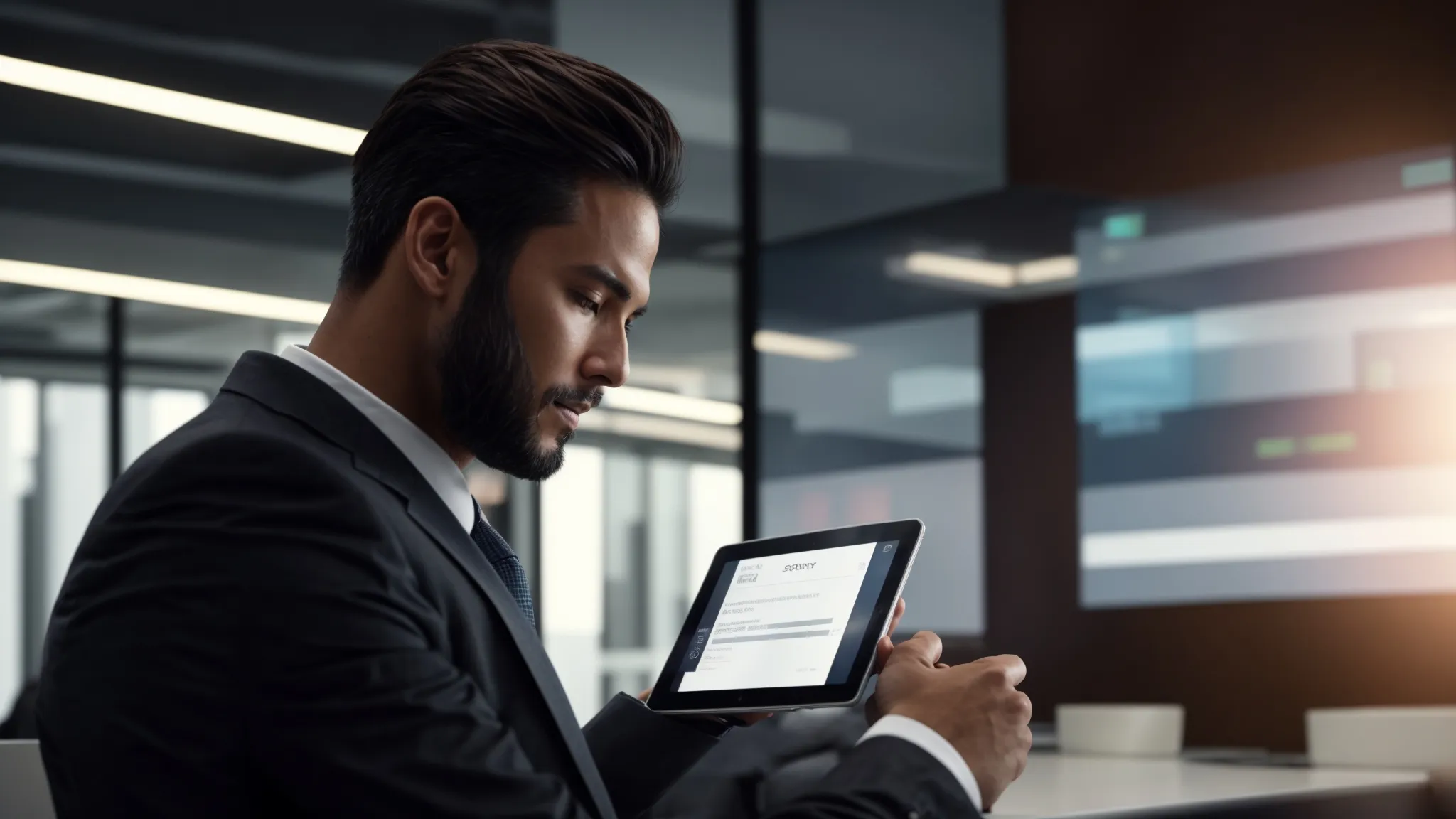 a confident businessperson reviews a digitally displayed electronic cheque on a sleek tablet in a modern office, surrounded by a bright, airy atmosphere that emphasizes security and innovation in financial transactions.