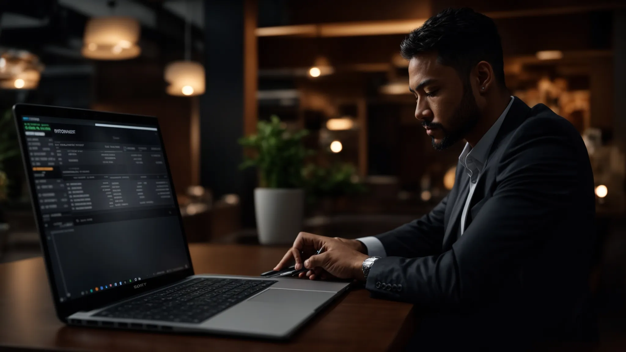 a focused shot of a business owner intently reviewing a digital order tracking dashboard on a sleek laptop, illuminated by warm office lighting that conveys determination and efficiency amidst potential challenges in processing cheques.