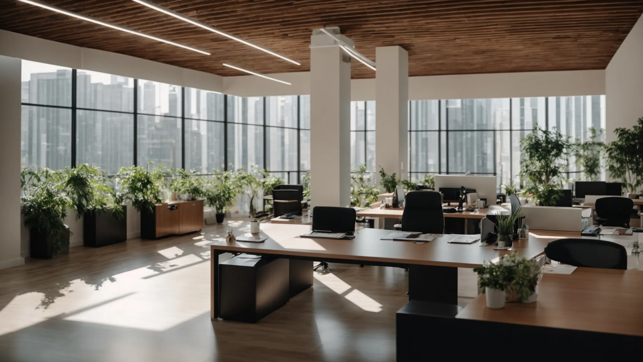 a professional and inviting office space is illuminated by soft natural light, featuring a sleek desk adorned with neatly arranged business and personal cheques, symbolizing effective communication and support in handling financial inquiries.