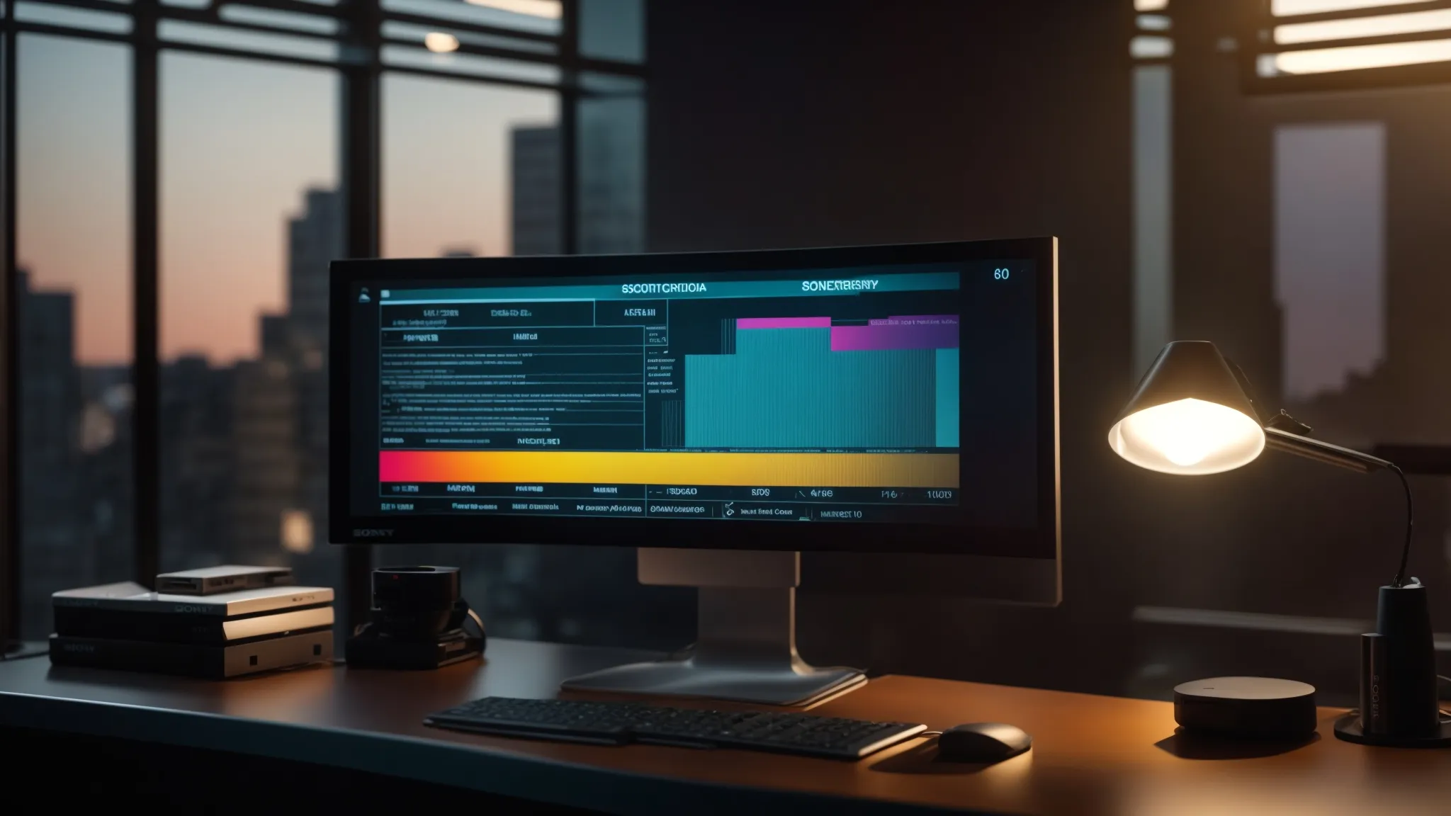 a sleek, modern office desk features a computer screen displaying a vibrant graphic of a cheque tracking interface, illuminated by soft, focused lighting, conveying the efficiency and clarity of tracking cheque orders.