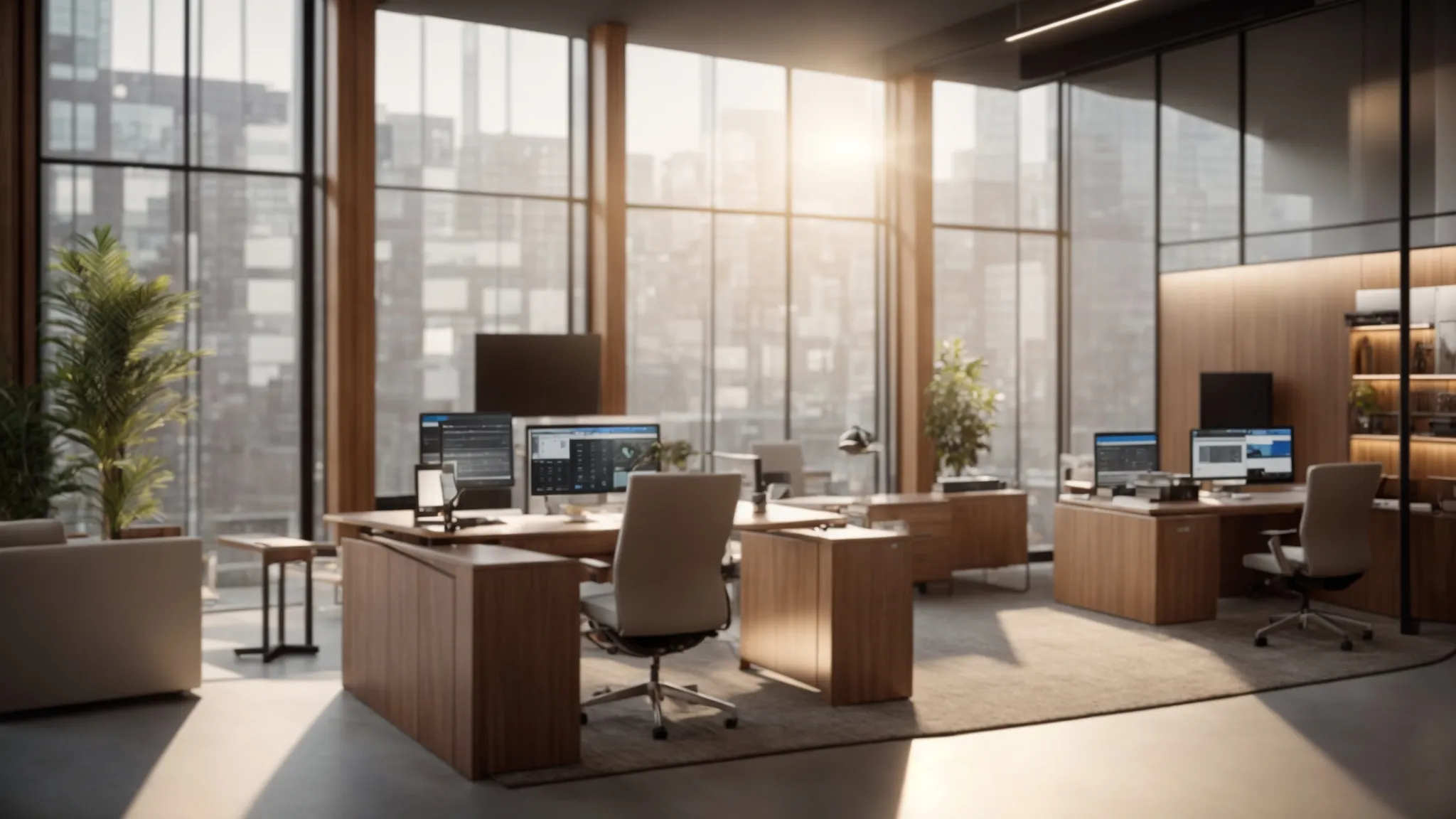 a sleek, modern office space features a glowing computer screen displaying an intuitive electronic cheque payment interface, surrounded by an air of efficiency and professionalism as a soft, warm light filters through the room, emphasizing the seamless integration of digital finance.