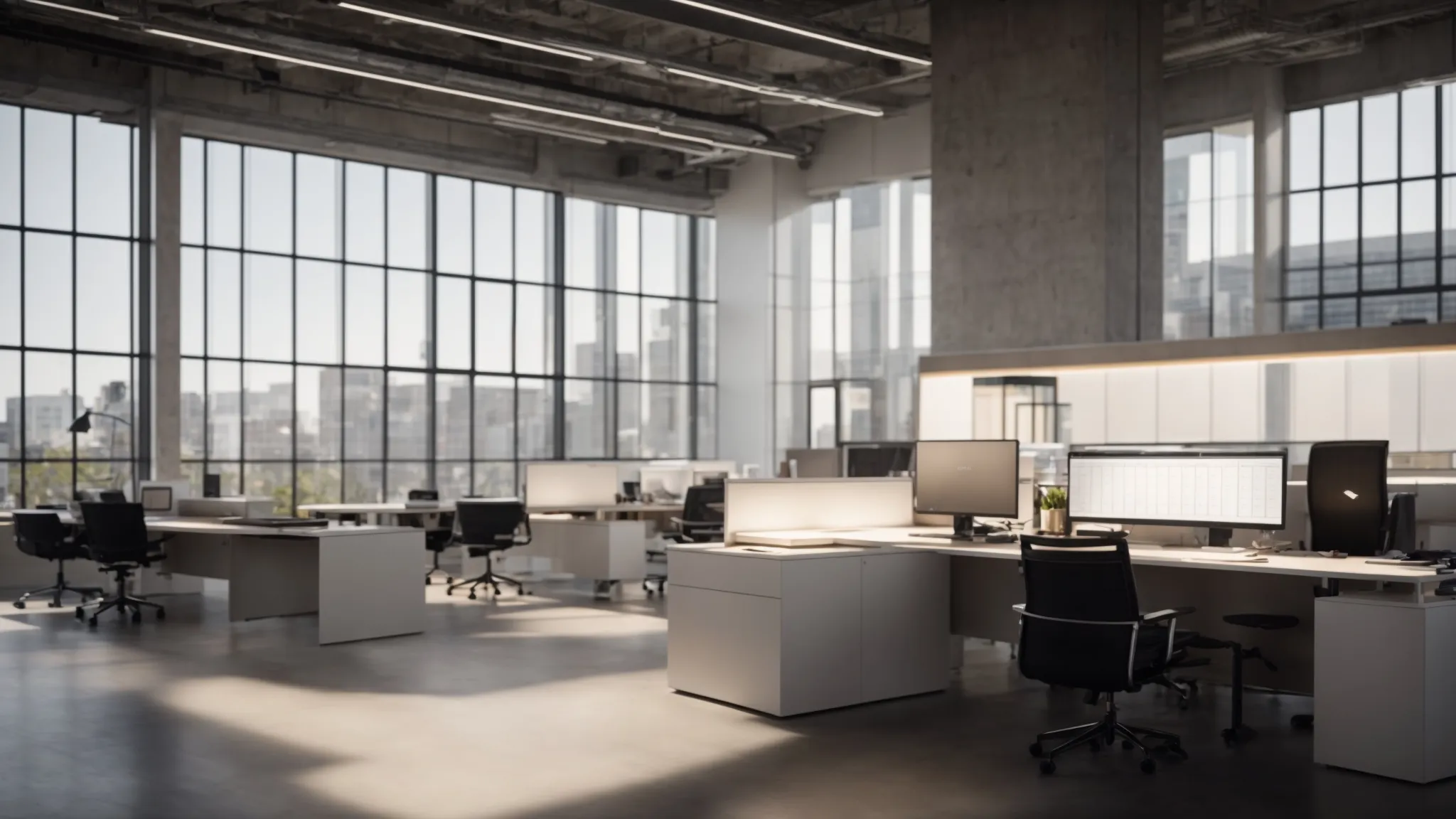a sleek, modern office space featuring a large, polished desk with stacks of various cheques—business, personal, and manual—arranged neatly alongside a digital calendar displaying processing timelines, illuminated by soft, natural light flowing through a large window.
