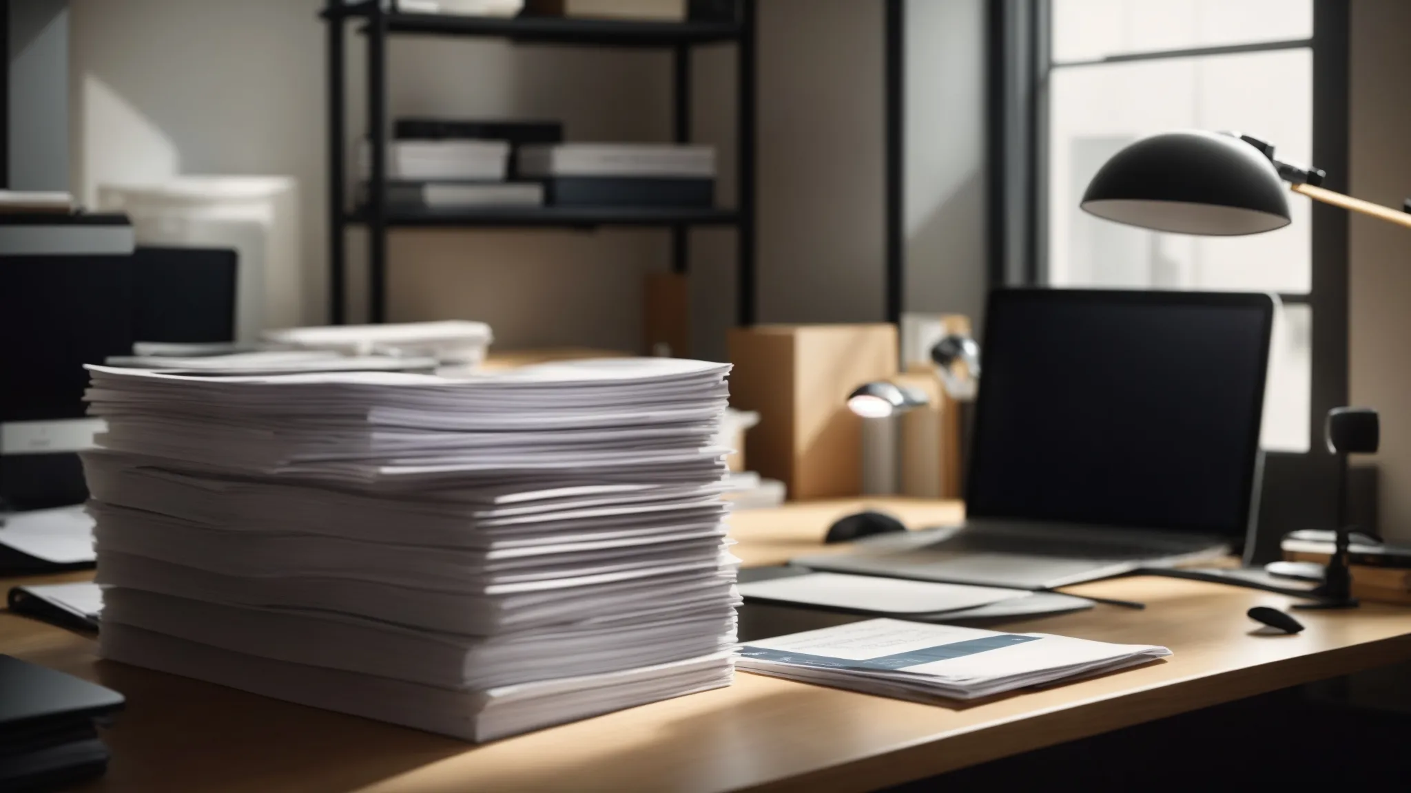 a tidy, well-organized office workspace showcases neatly stacked cheque order documentation, illuminated by soft natural light filtering through a nearby window, emphasizing the importance of efficient financial management.