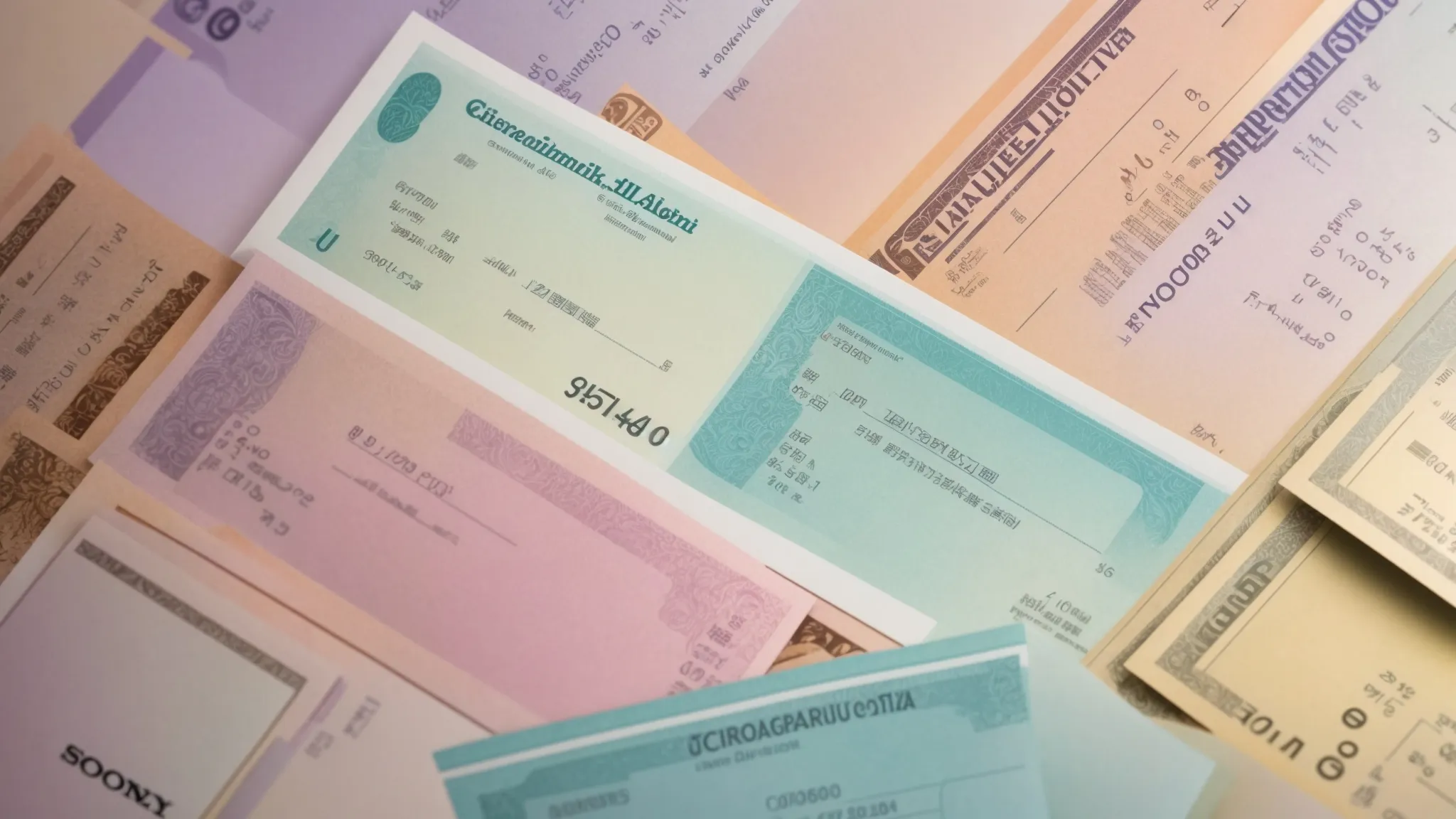 a vibrant display of various cheque types, including personalized, business, and specialty designs, arranged artistically on a sleek surface, illuminated by soft, natural light to emphasize their unique textures and colors.