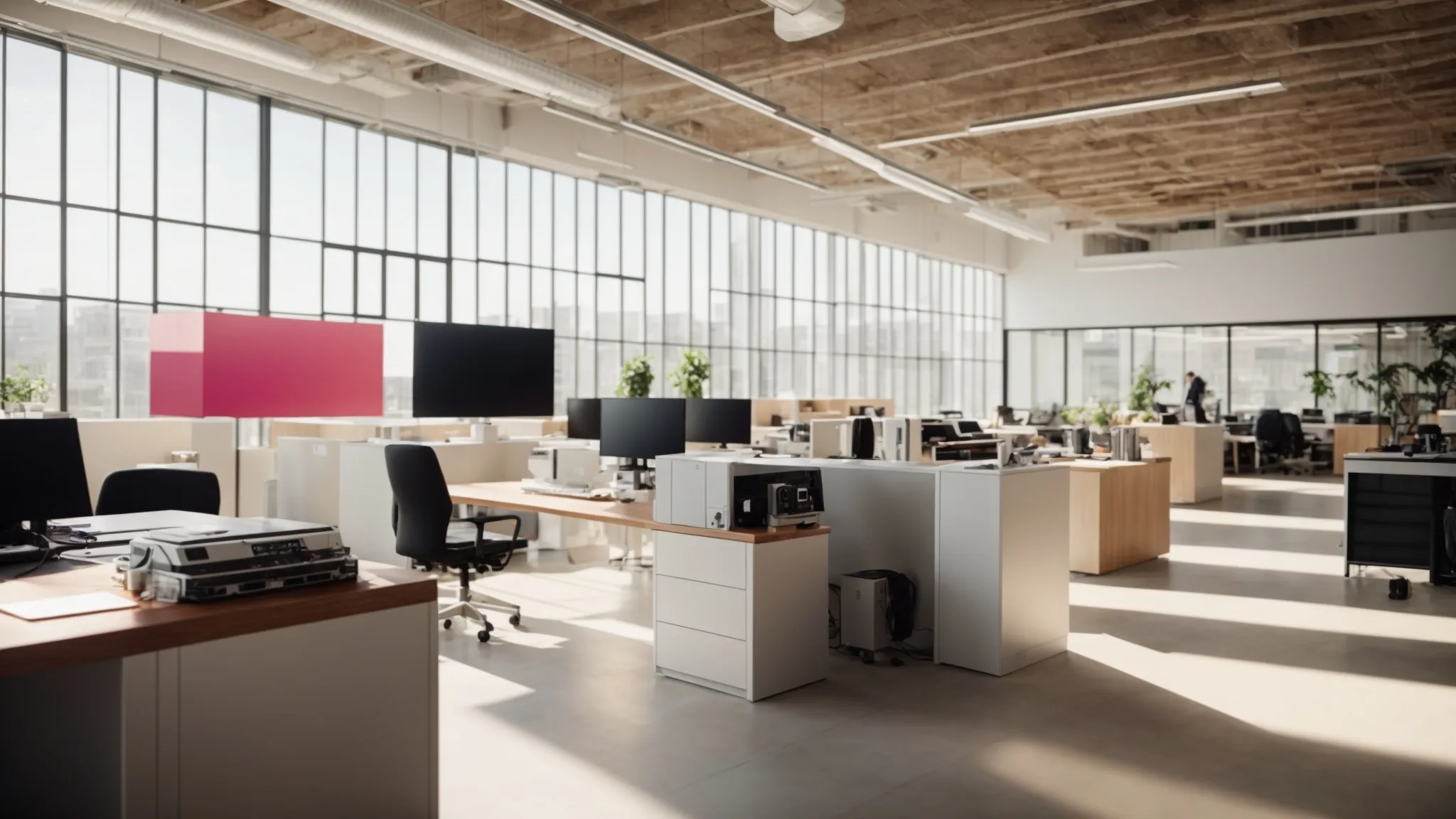 a vibrant, focused image of a modern office space showcasing an array of neatly stacked business and personal cheques, illuminated by warm natural light filtering through large windows, emphasizing the importance of quality and reliability in cheque printing services.