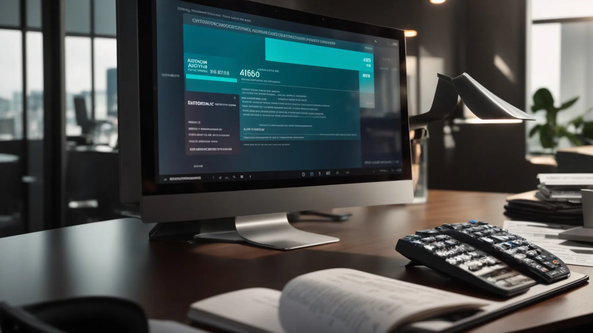 a vibrant workspace showcases a sleek computer screen displaying a customizable online cheque printing interface, with professionally designed cheques in the foreground, highlighting the ease and efficiency of modern banking solutions.
