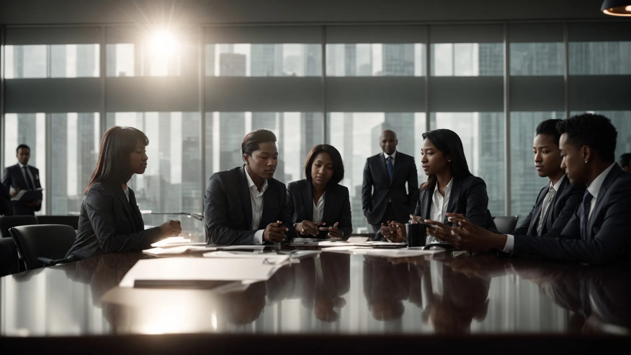 a visually striking scene captures a diverse group of individuals engaged in a professional discussion around a polished conference table, surrounded by stacks of business and personal cheques, emphasizing the importance of transparency and consumer rights in cheque clearance.