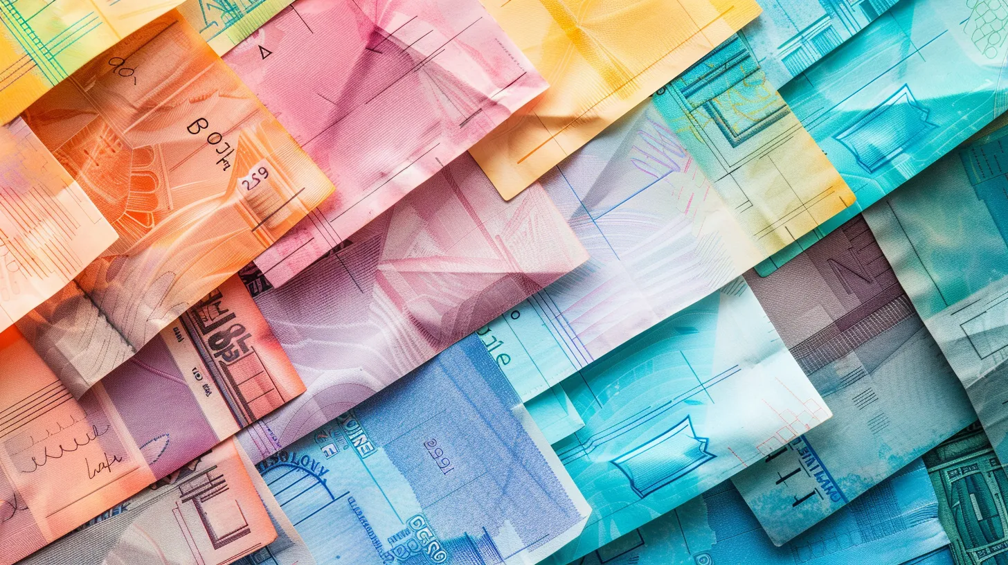 a beautifully arranged flat lay of vibrant business and personal cheques, showcasing an elegant blend of colors and textures on a soft, neutral background that highlights their importance in financial transactions.