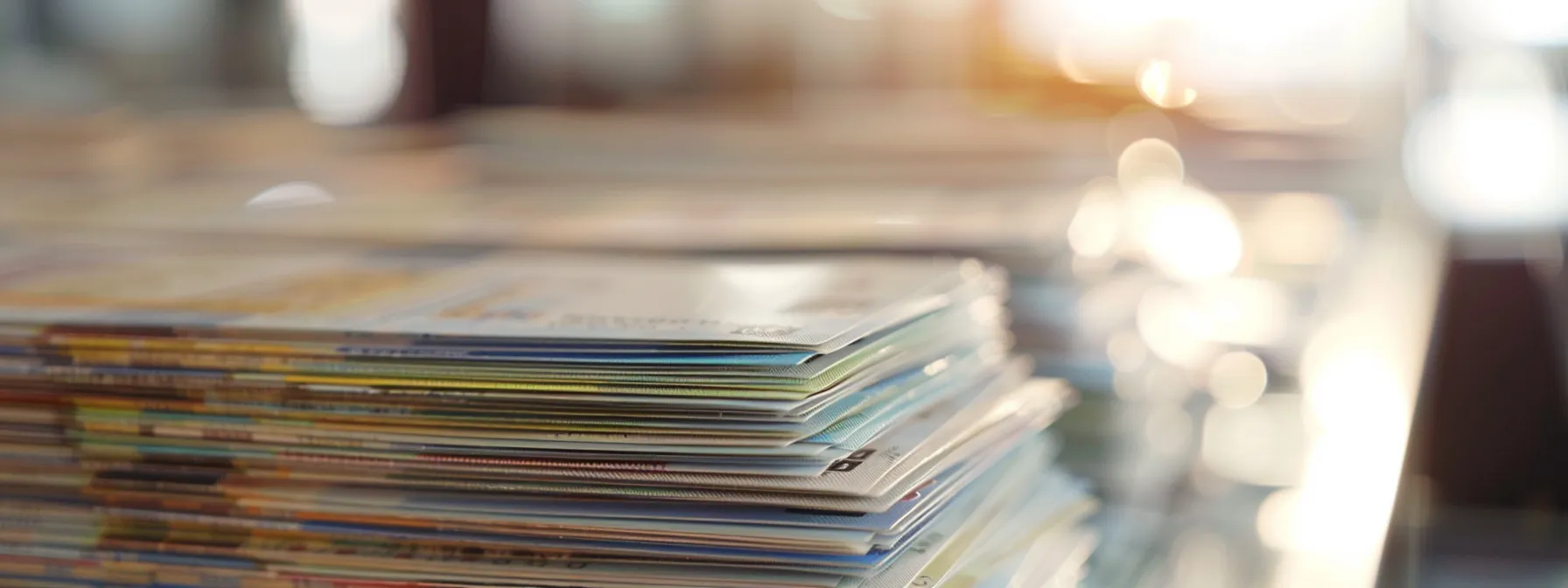 a close-up of a neatly stacked array of personal and commercial cheques, showcasing their distinct designs and colors against a soft, blurred office background, illuminated by warm, natural light to emphasize their financial significance.
