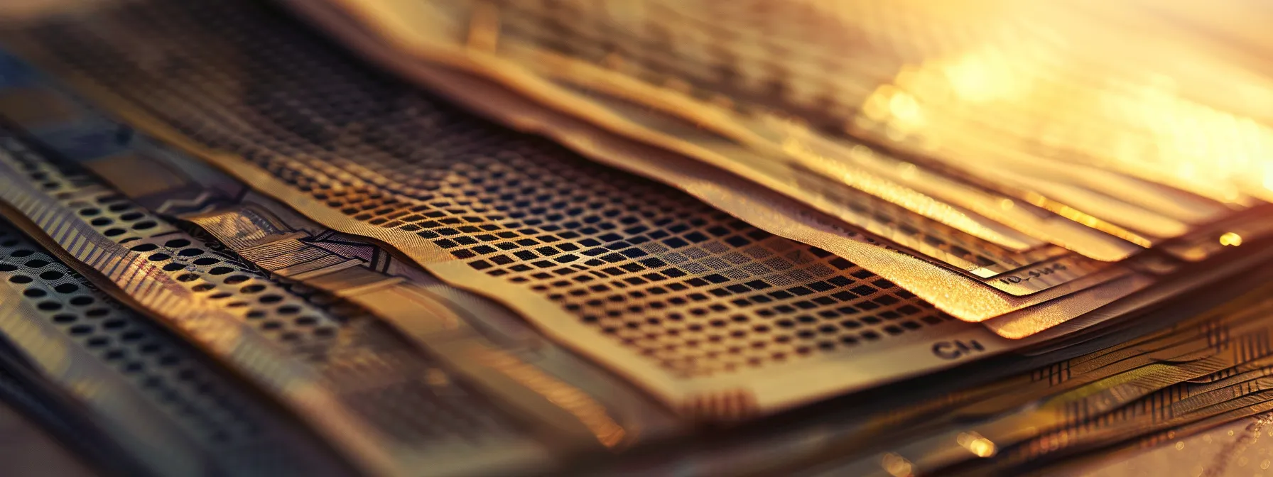a close-up shot of an elegant array of business and personal cheques, with a soft-focus background that highlights their pristine textures and sophisticated designs under warm, diffused lighting.