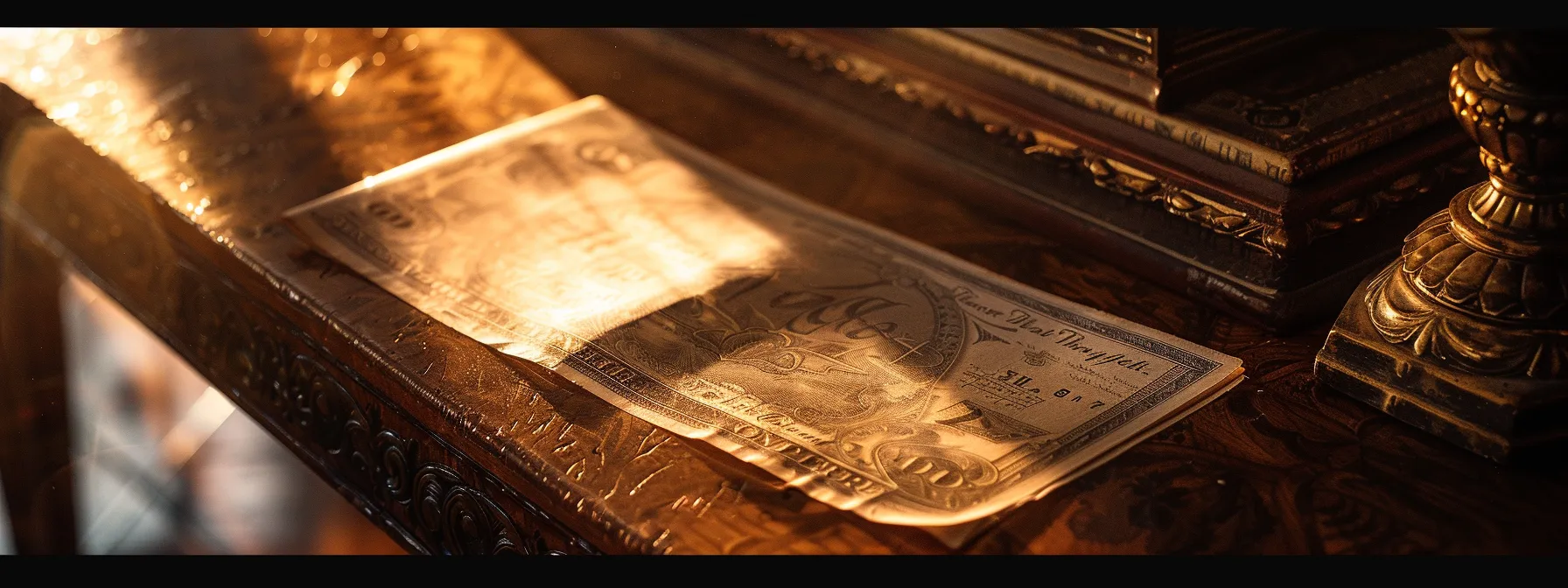 a close-up shot of an elegant, handcrafted personal cheque resting on a polished wooden desk, bathed in warm, soft light that accentuates its intricate design and luxurious texture.