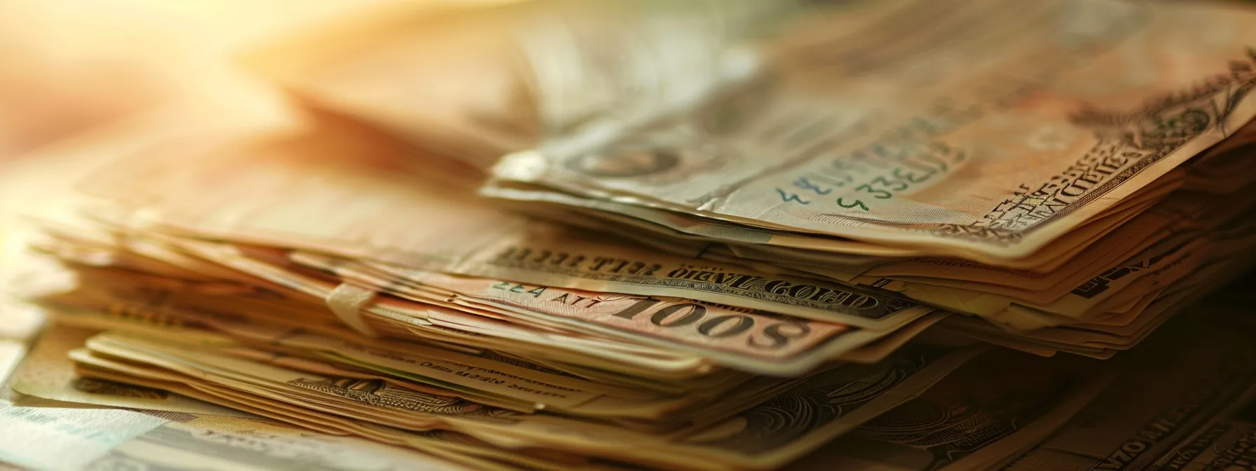 a close-up shot of an elegant, neatly stacked collection of business and personal cheques, showcasing their intricate designs and textures against a softly blurred, warm-toned background.