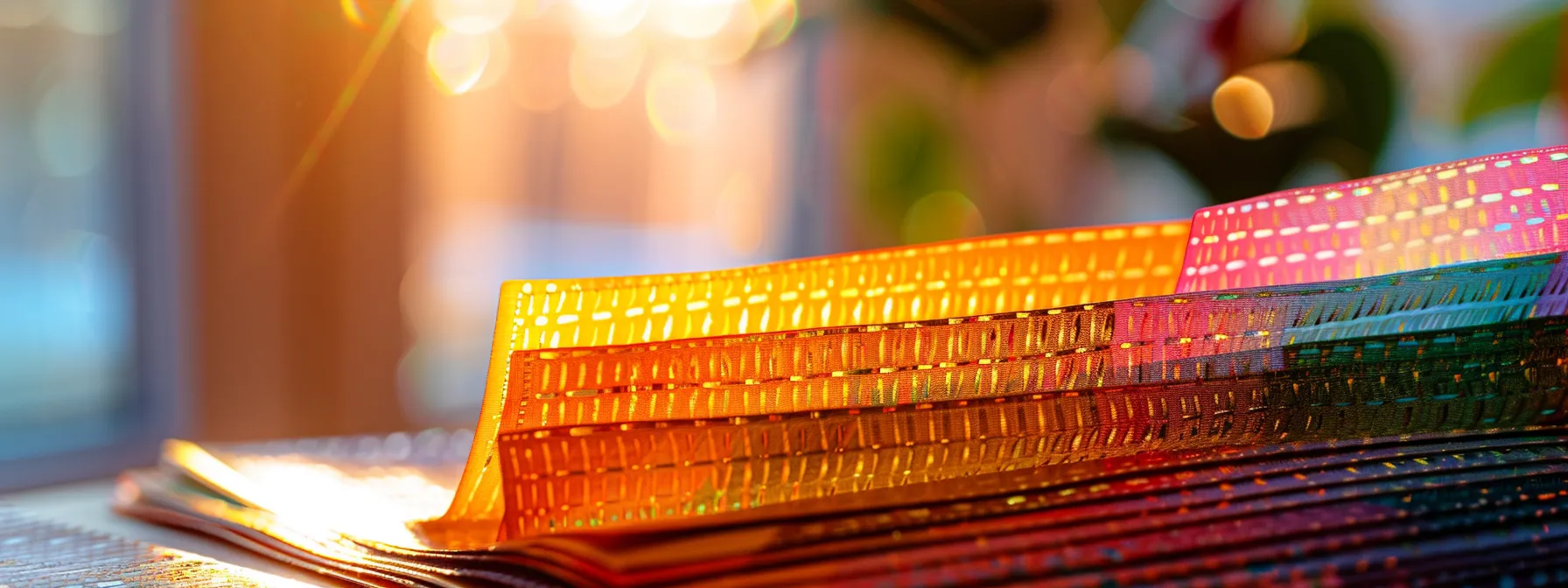 a close-up of a stack of elegantly designed business and personal cheques, showcasing their intricate patterns and vibrant colors against a softly blurred office background, illuminated by warm, natural light.