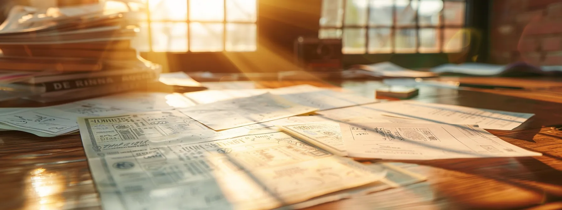a close-up shot of an elegantly arranged collection of crisp, freshly printed business and personal cheques displayed on a polished wooden desk, illuminated by soft, natural light streaming through a nearby window, highlighting their intricate designs and textures.
